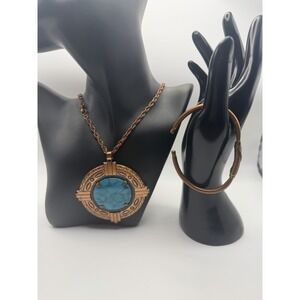 Vintage Bell Trading Post Solid Copper Faux Turquoise Pendant Necklace & Cuff